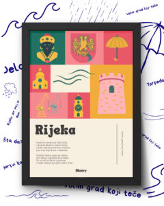 Minimalistička ilustracija Rijeke u A4 formatu s crnim okvirom – motivi morčića, Trsatske kule, katedrale sv. Vida i morskih valova, dio City Love kolekcije.