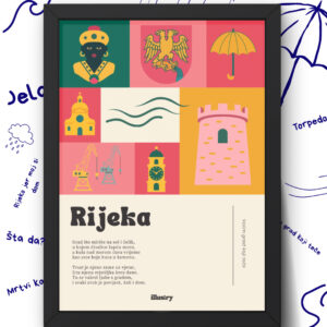Minimalistička ilustracija Rijeke u A4 formatu s crnim okvirom – motivi morčića, Trsatske kule, katedrale sv. Vida i morskih valova, dio City Love kolekcije.