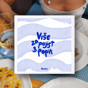 ilustracija s natpisom više za pojist i popit u plavim tonovima za kuhinju ili apartman